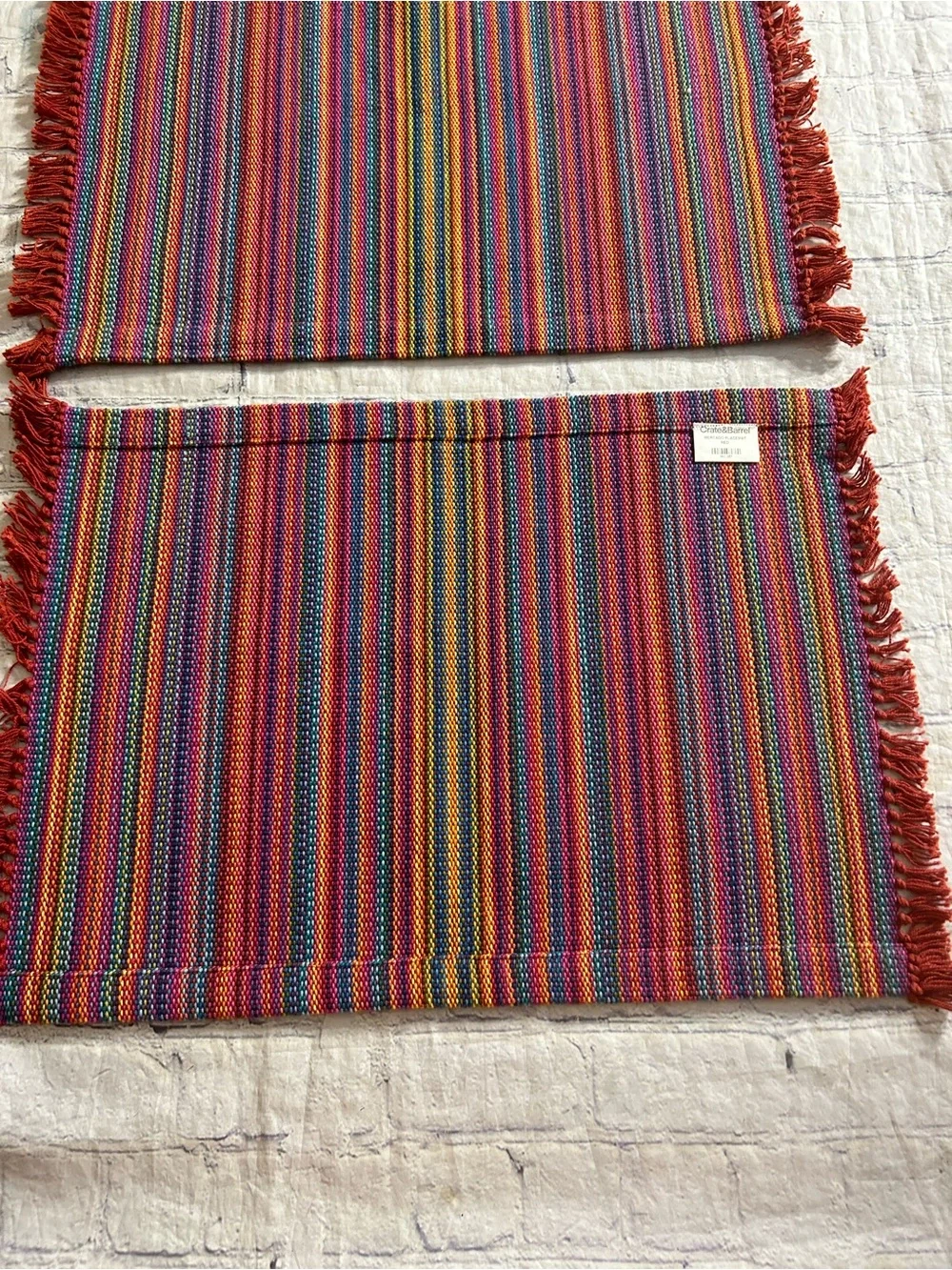 CRATE & BARREL MERCADO PLACEMATS RED MULTI STRIPED PATTERNED WITH FRINGE COTTON